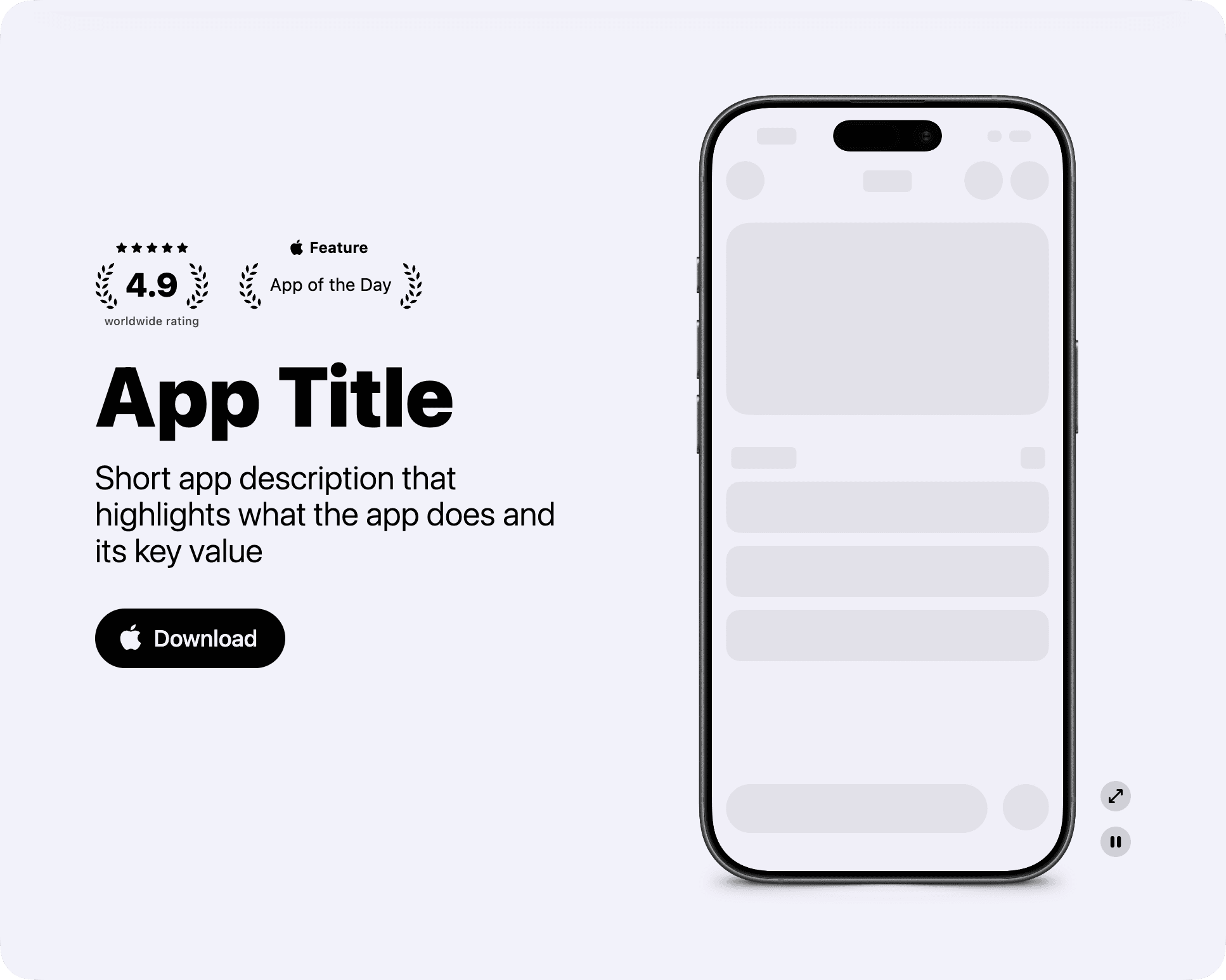 Image of the default Hero component with big app title, smaller subtitle, an action button to download the app and app's screenshot wrapped with an iPhone bezel