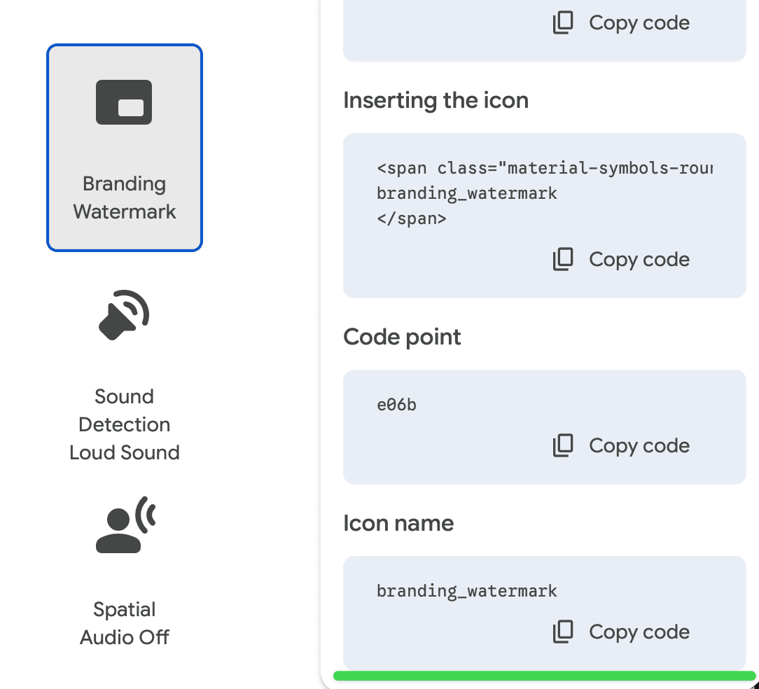 Screenshot of the Material Symbols UI with icon information in the sidebar