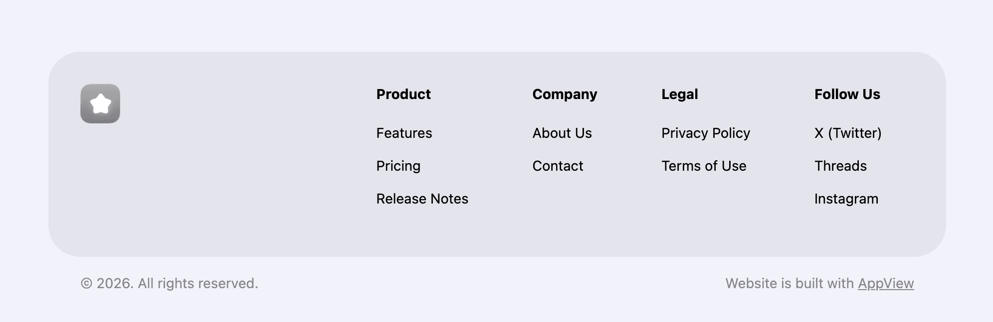 Image of the MultiColumnFooter component with an app icon, link columns, and footnotes
