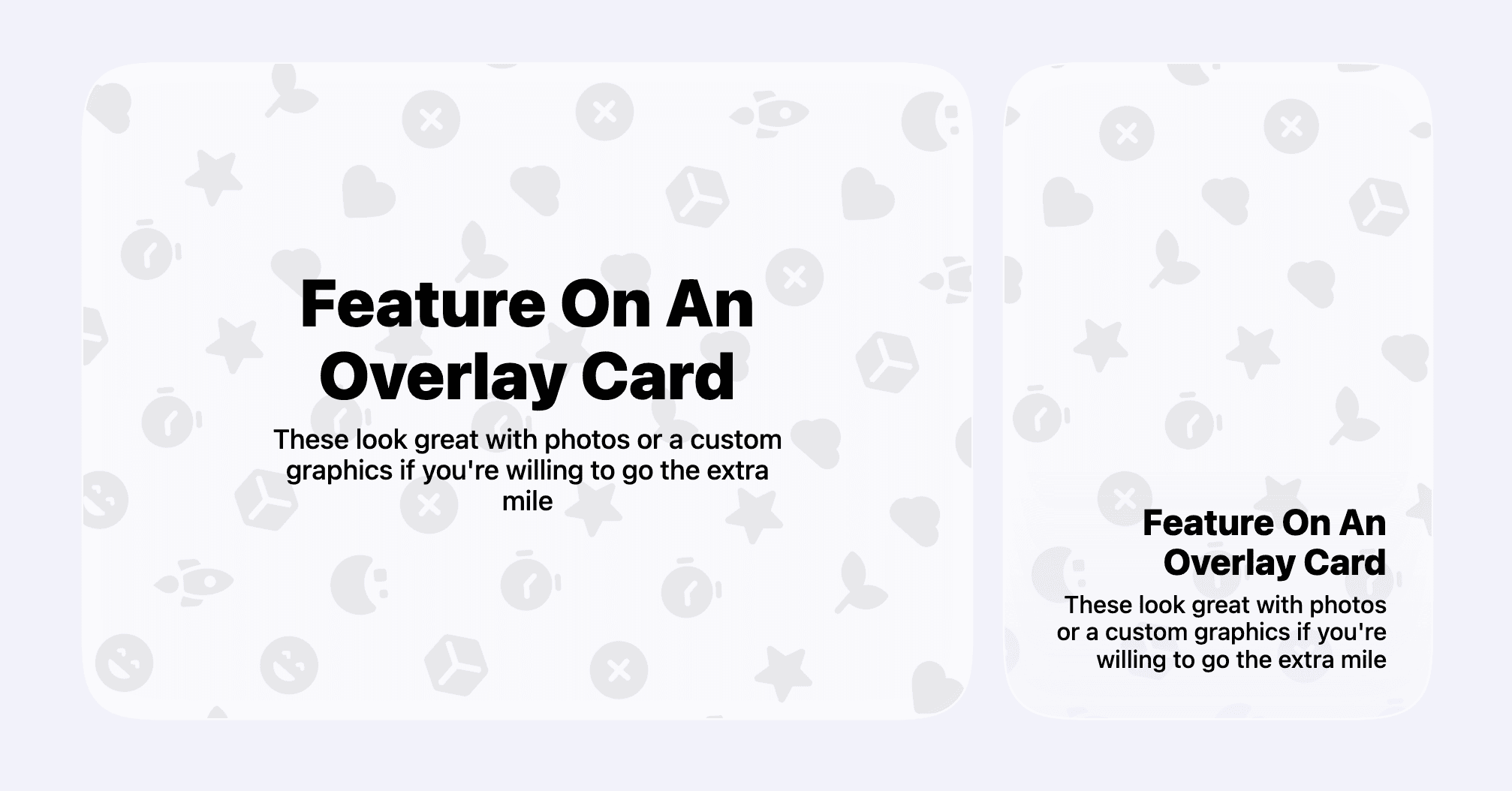 Examples of OverlaidCard components with different text positions and within different card sizes