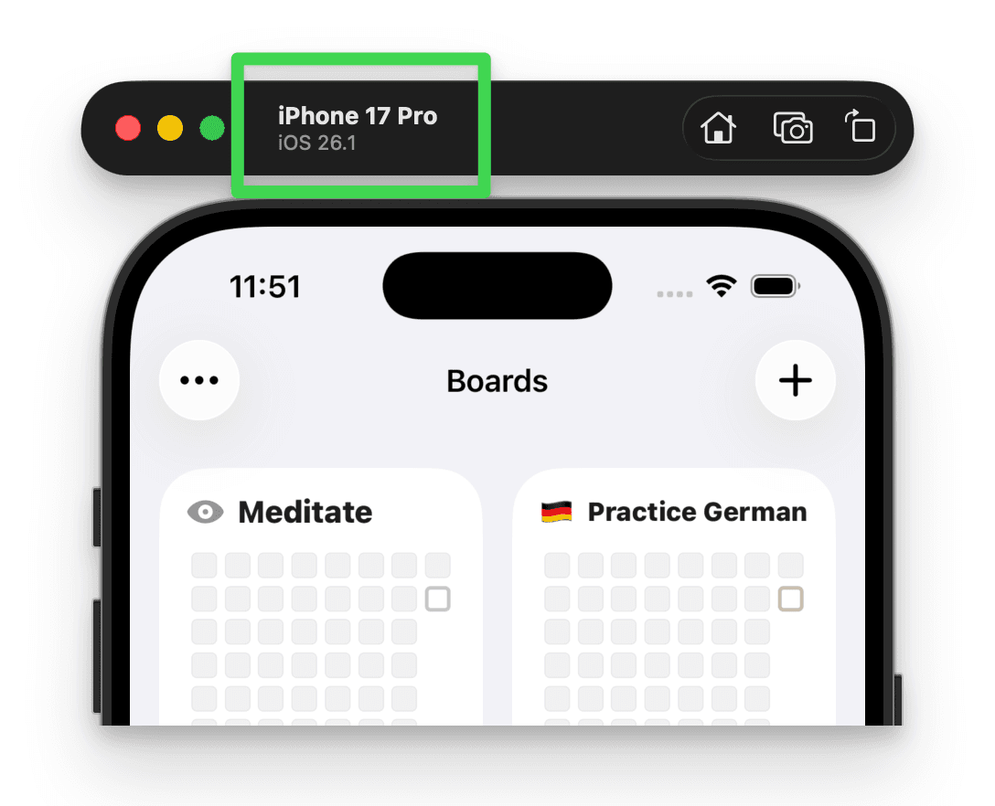 Screenshot of the Xcode Simulator with highlighted iPhone model in the window title
