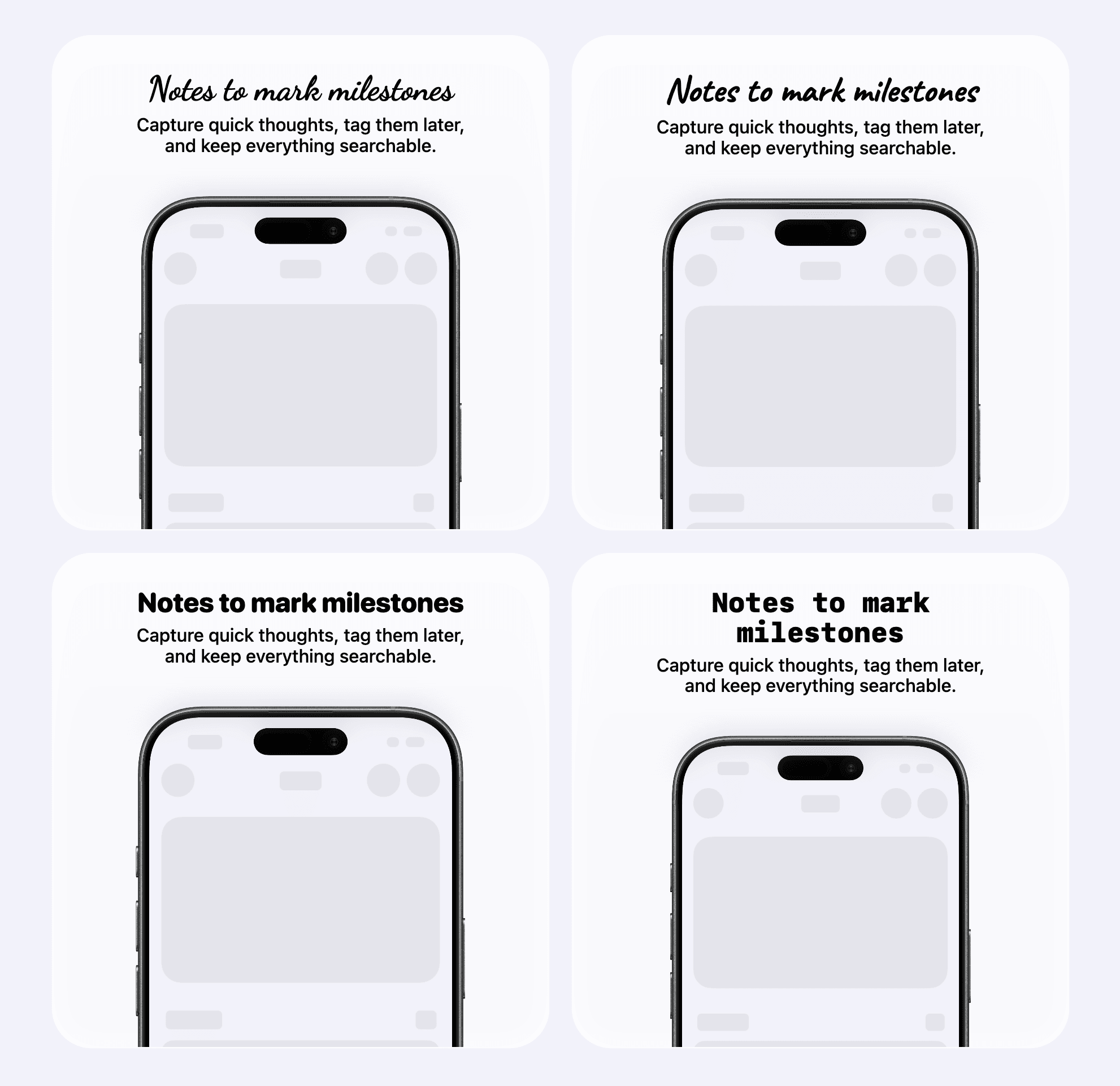 Grid of stacked cards rendered with different title font styles