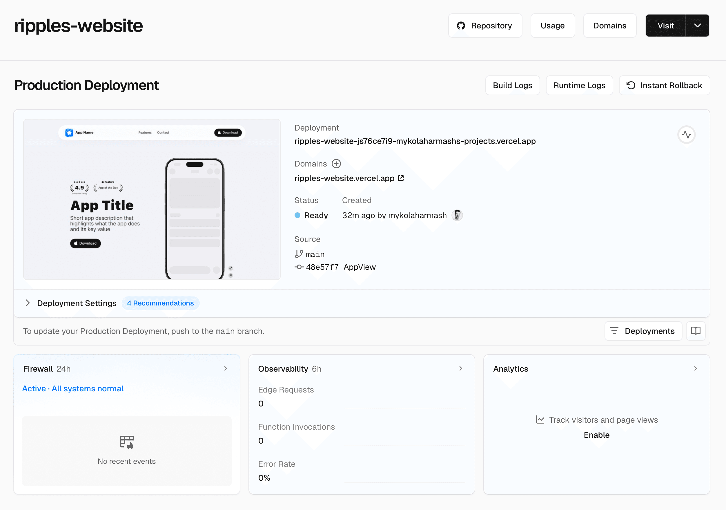Screenshot of the Vercel dashboard with deployed project