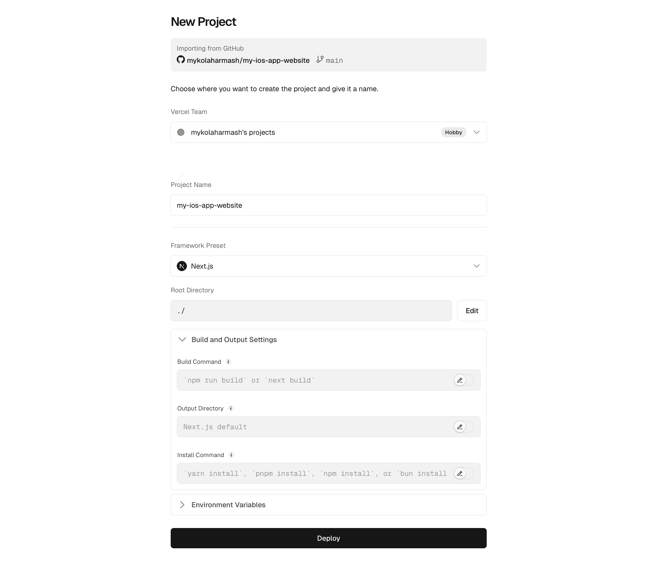 Screenshot of the Vercel project settings page