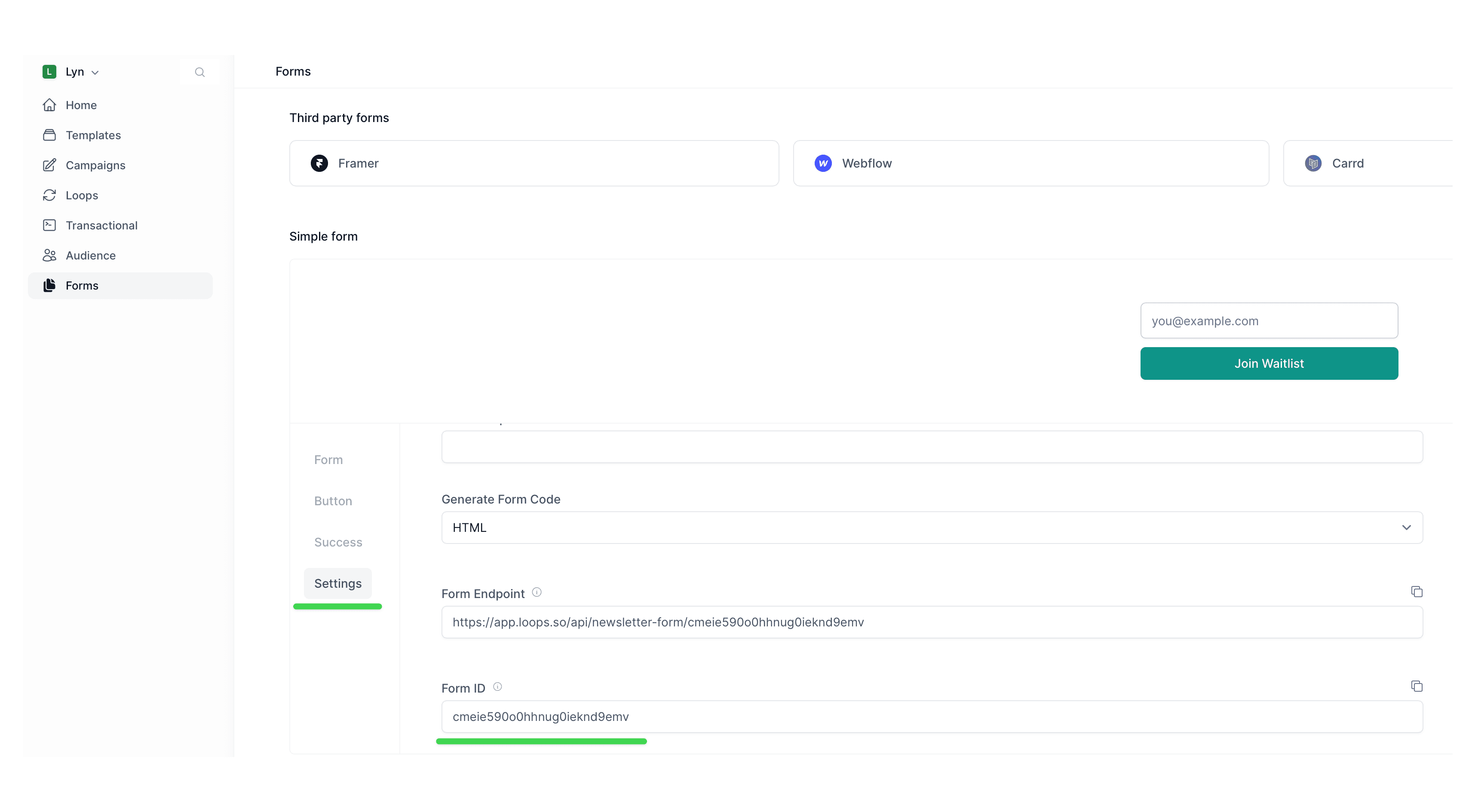Loops Forms screen with form ID